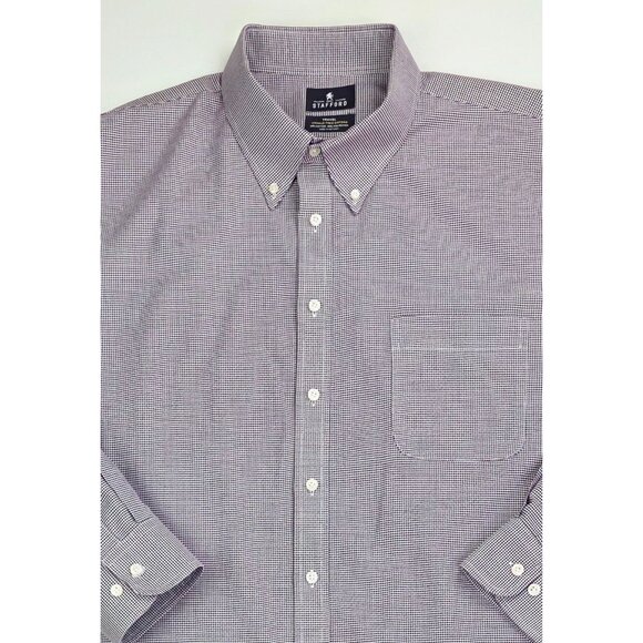 Stafford Big Size 19 36-37 Burgundy White Houndstooth Wrinkle Free Oxford Shirt - Picture 5 of 7